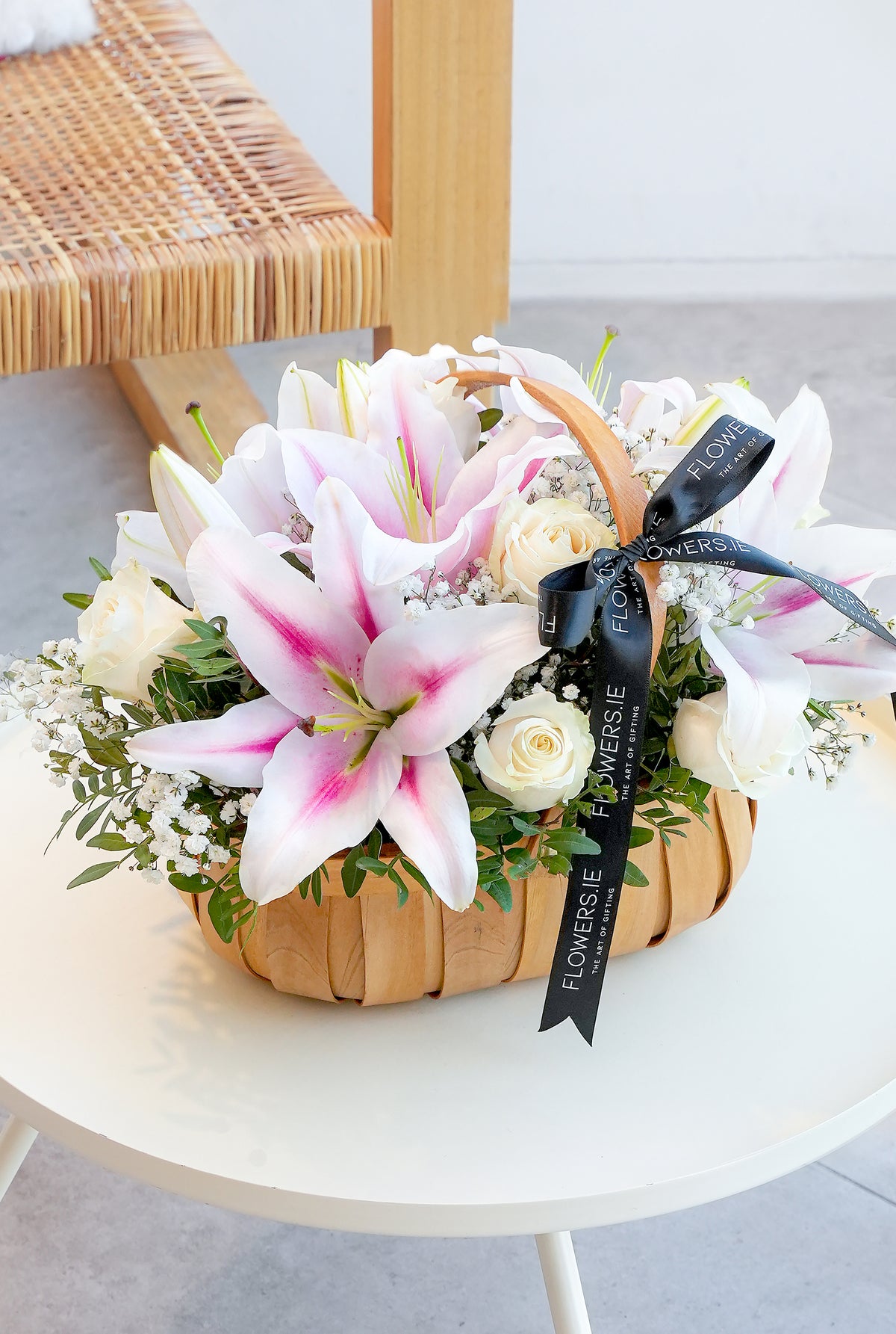White Roses and Pink Lily Basket
