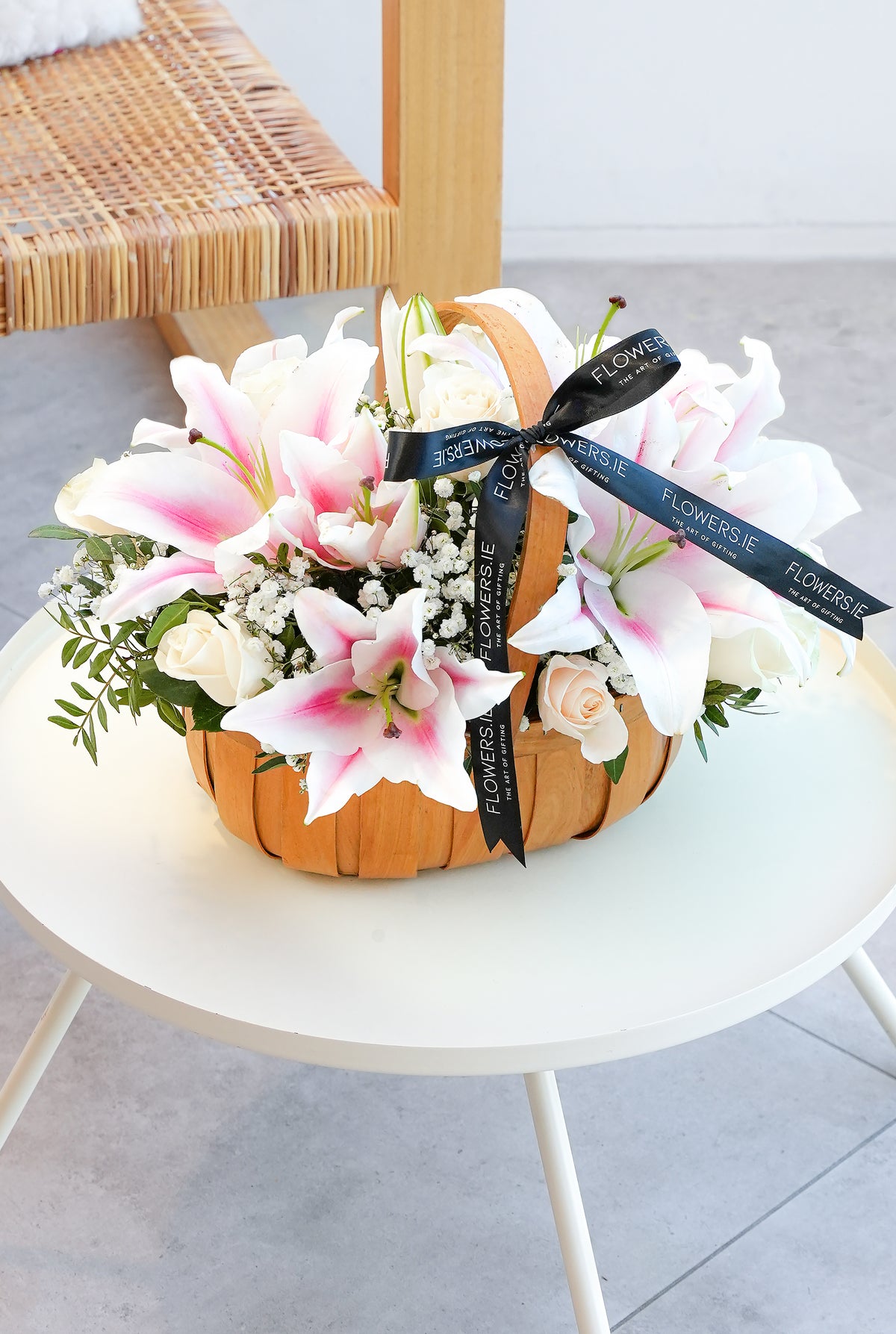 White Roses and Pink Lily Basket