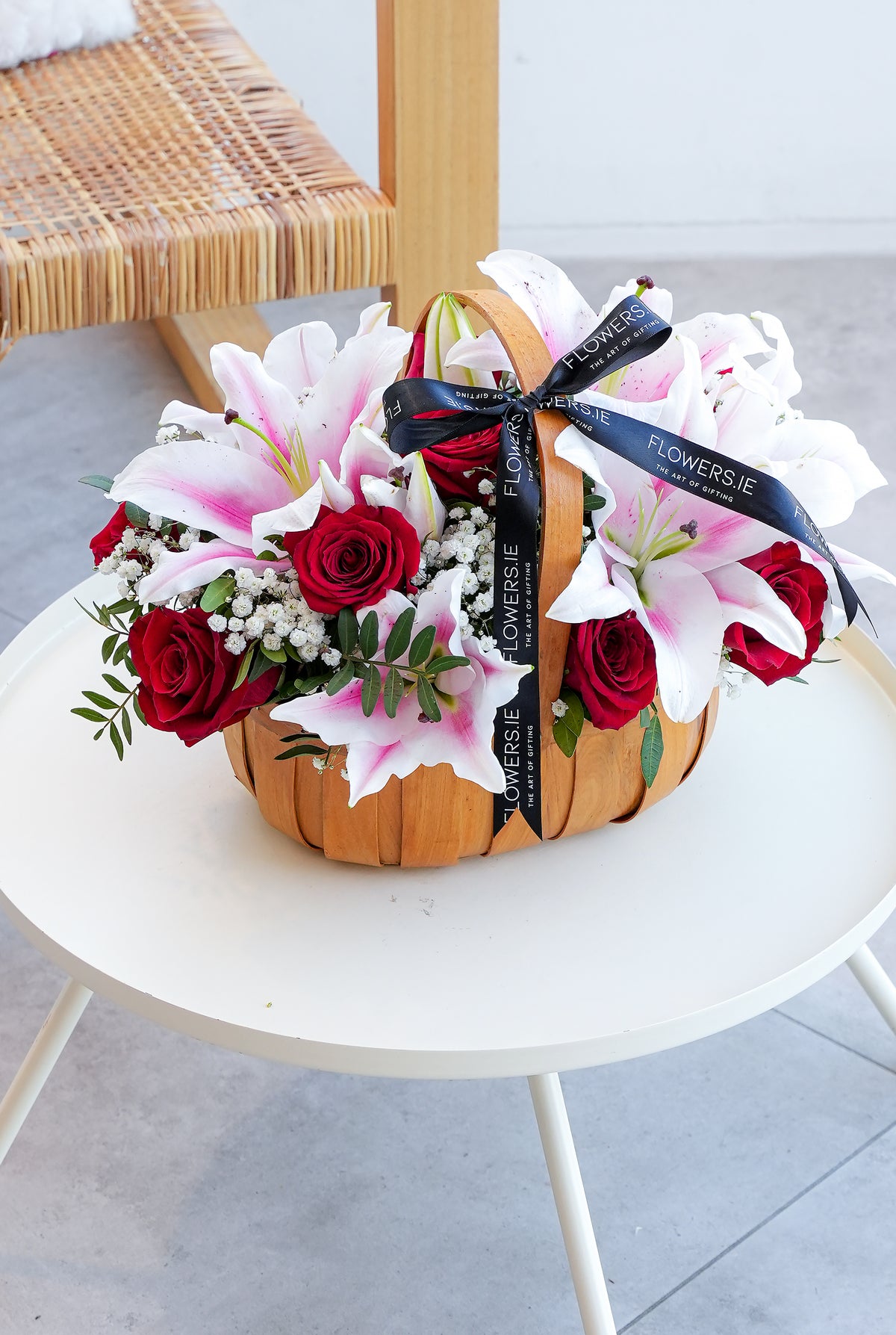 Red Roses and Pink Lily Basket