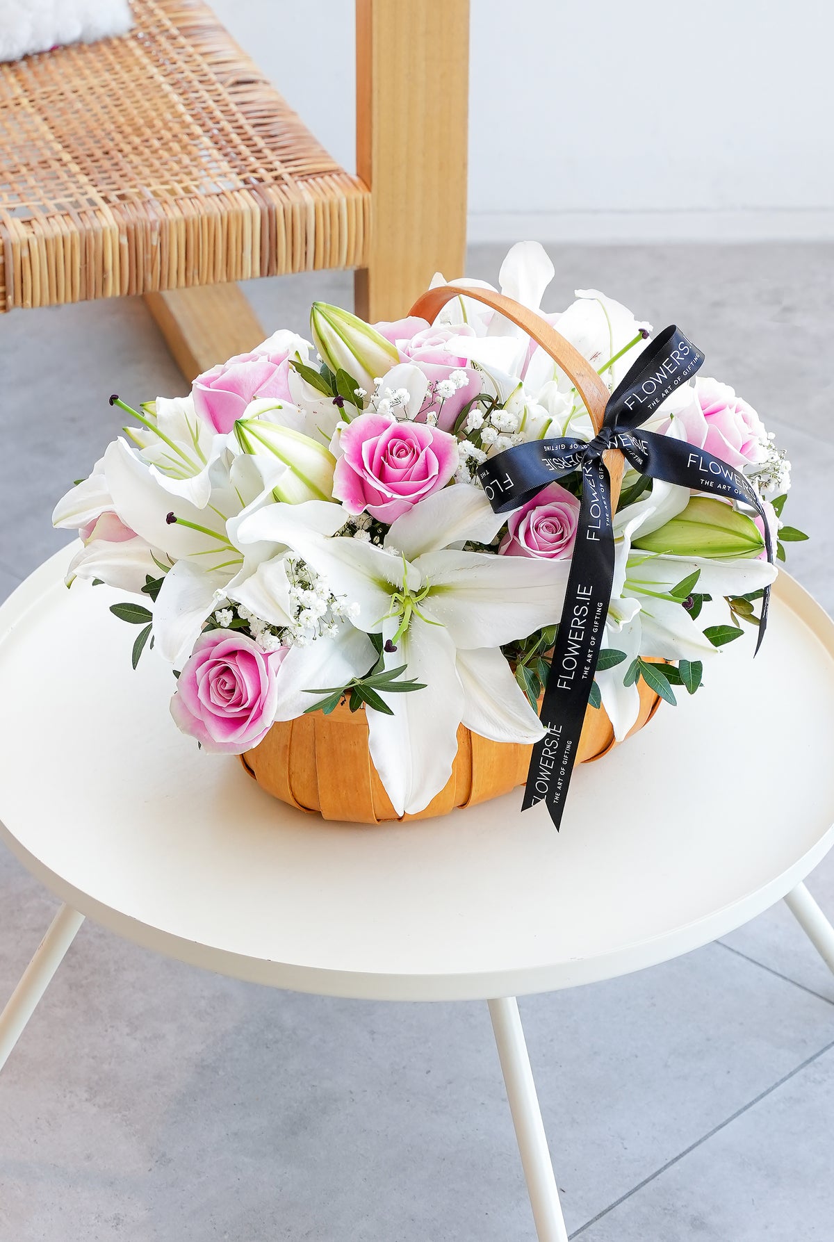 Pink Roses and White Lily Basket