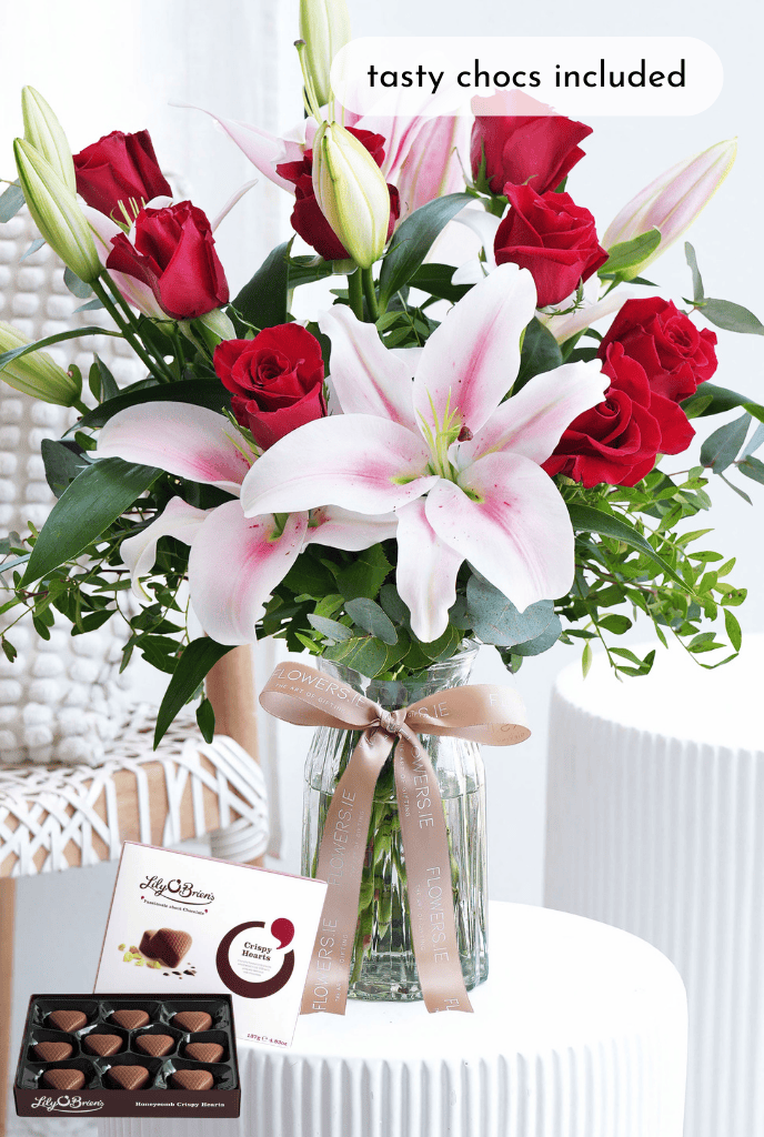Red Roses and Pink Lily - Vase