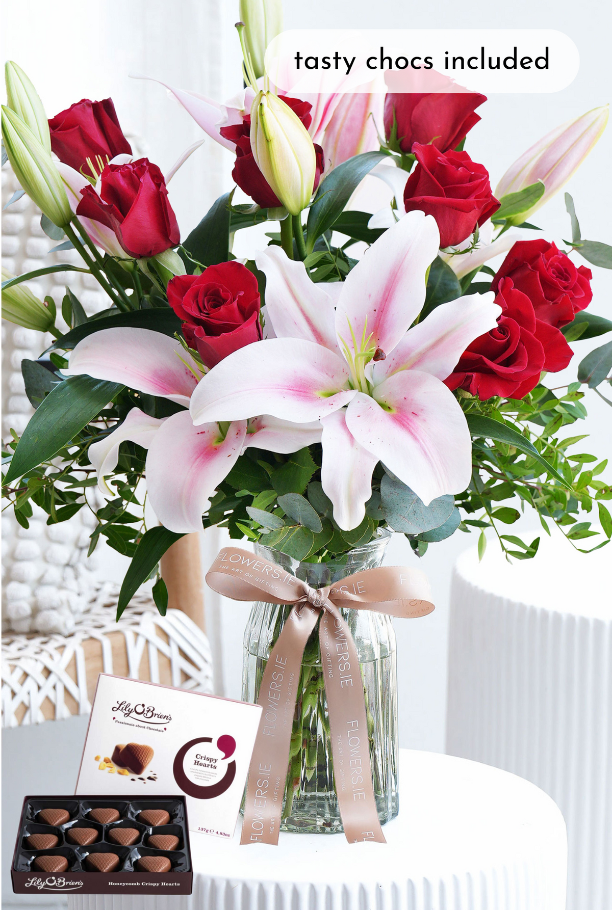 Valentine Romantic Red Roses and Pink Lily - Vase