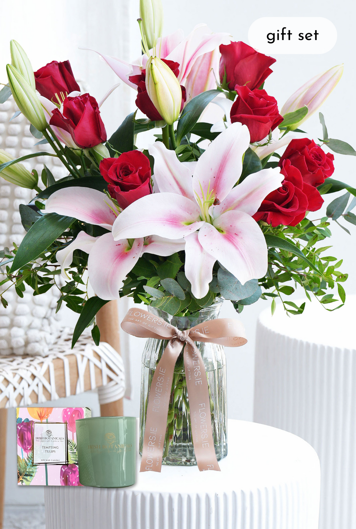 Birthday Red Roses and Pink Lily - Vase