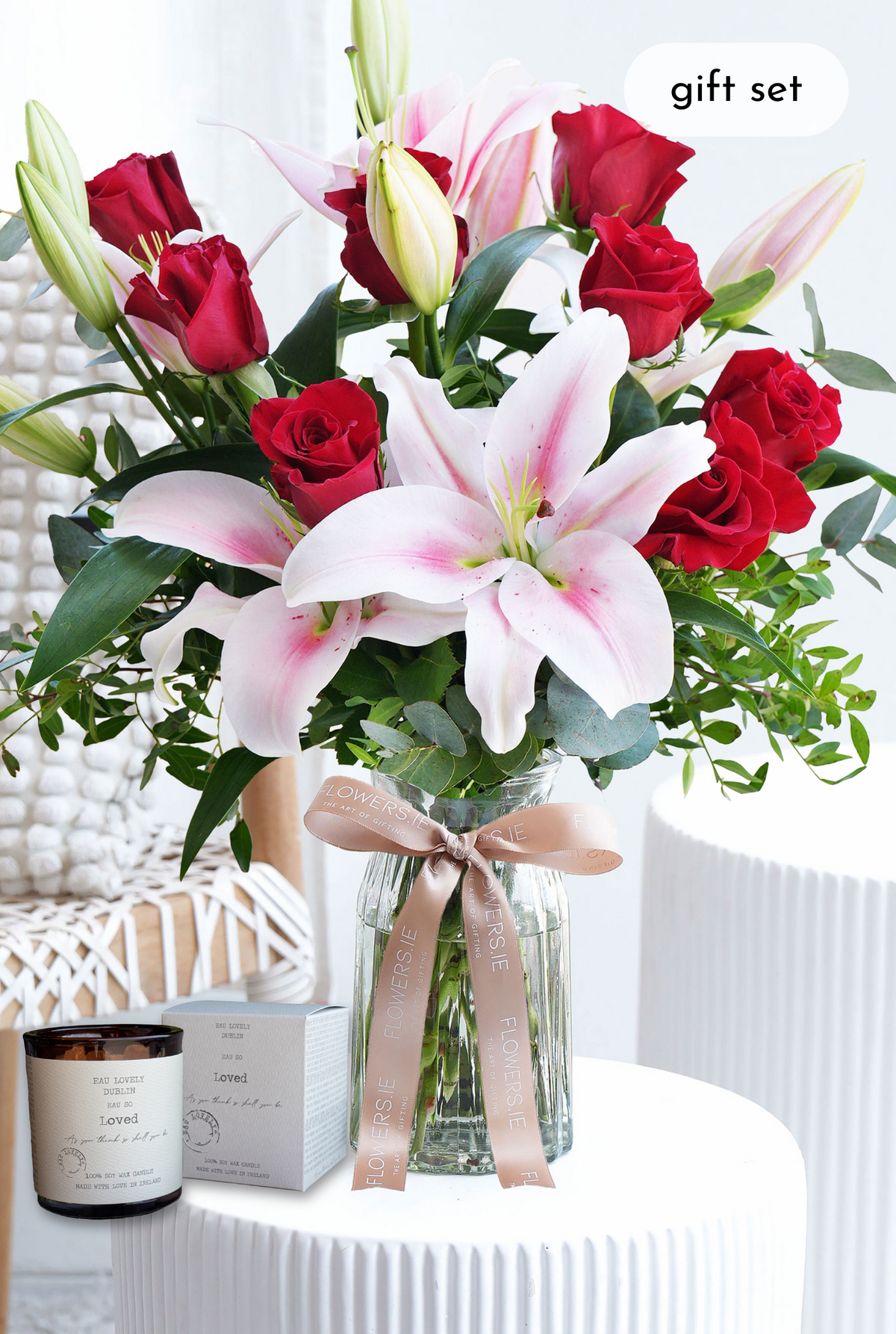 Birthday Red Roses and Pink Lily - Vase