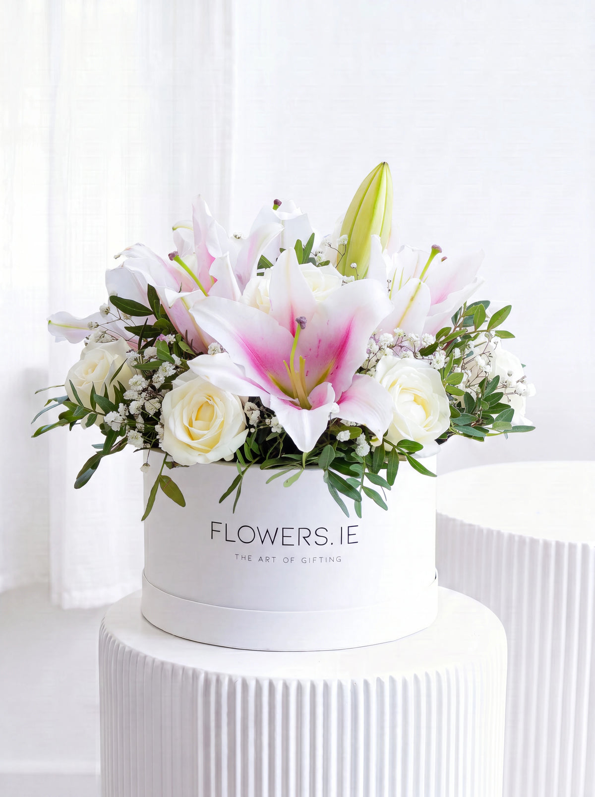 Sympathy White Roses and Pink Lily Hatbox