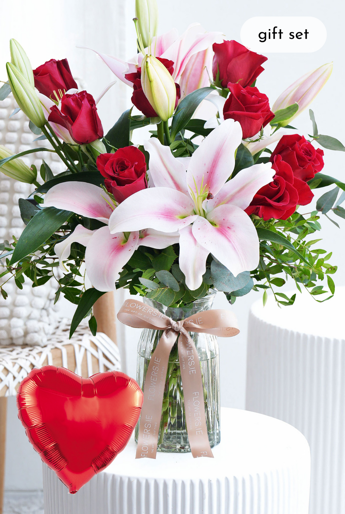 Valentine Romantic Red Roses and Pink Lily - Vase