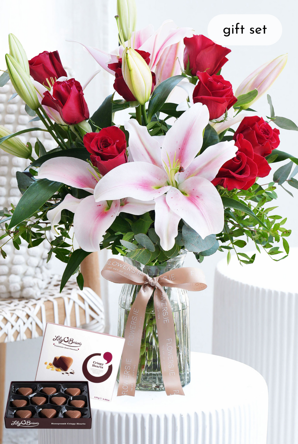 Valentine Romantic Red Roses and Pink Lily - Vase