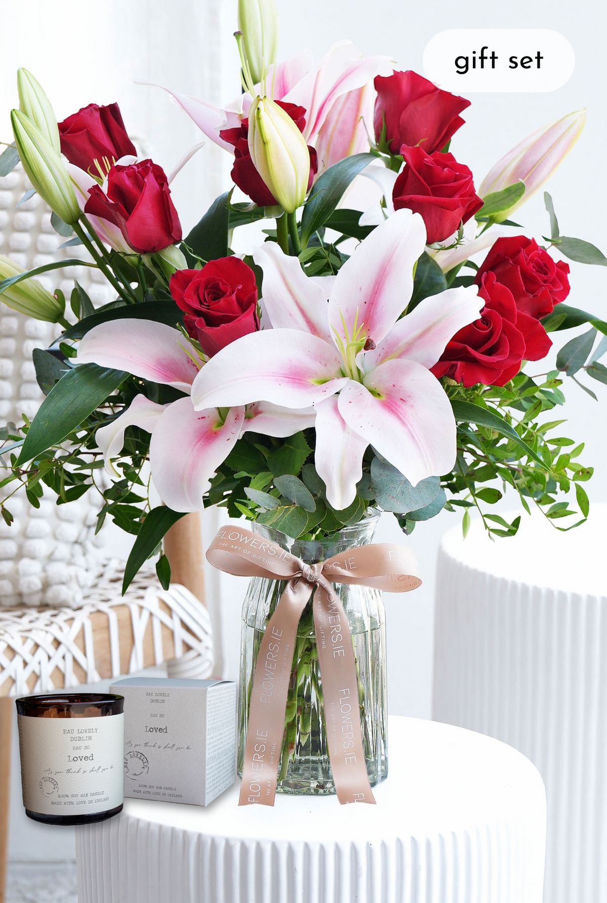 Valentine Romantic Red Roses and Pink Lily - Vase