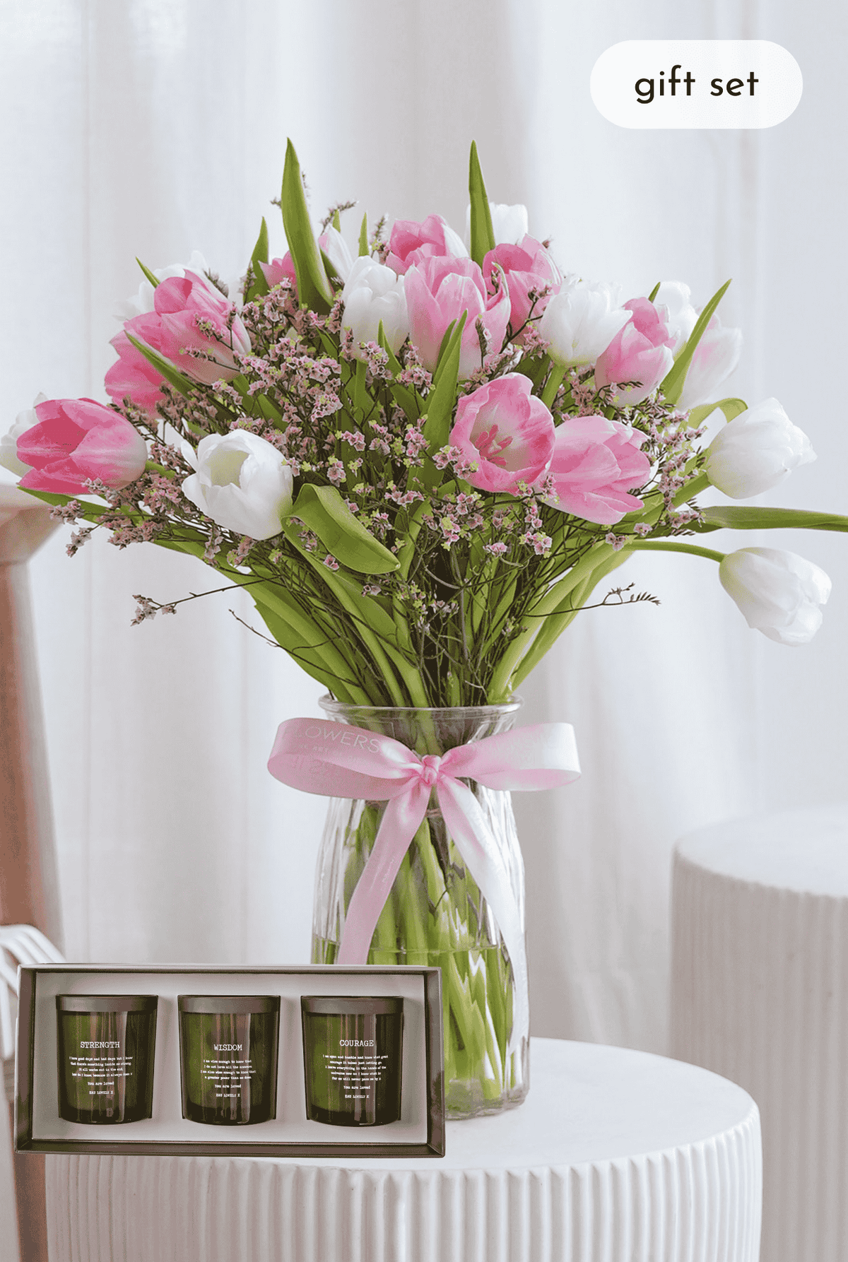 Luxury Pink and White Tulips - Vase with Candle