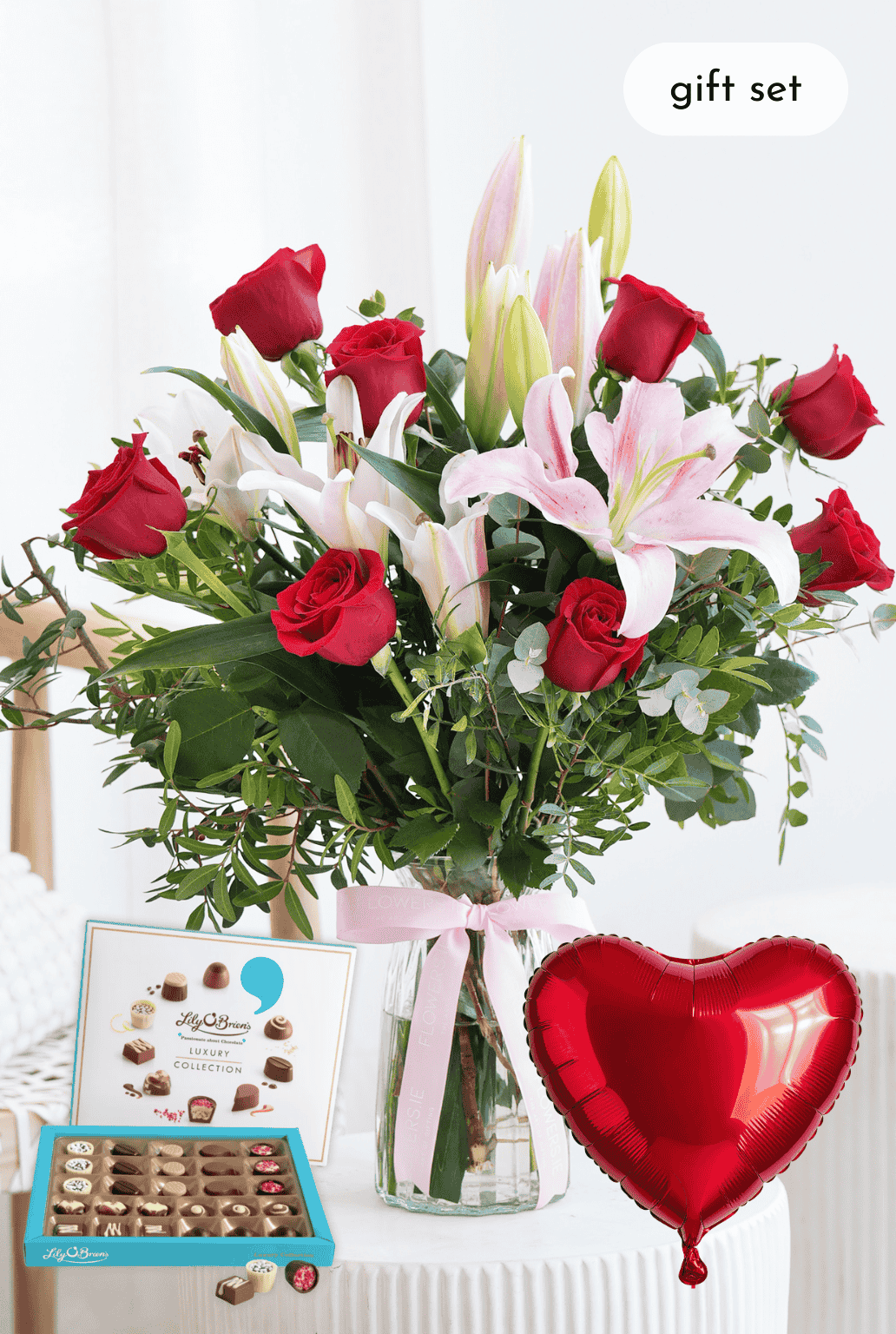 Valentine Romantic Red Roses and Pink Lily - Vase