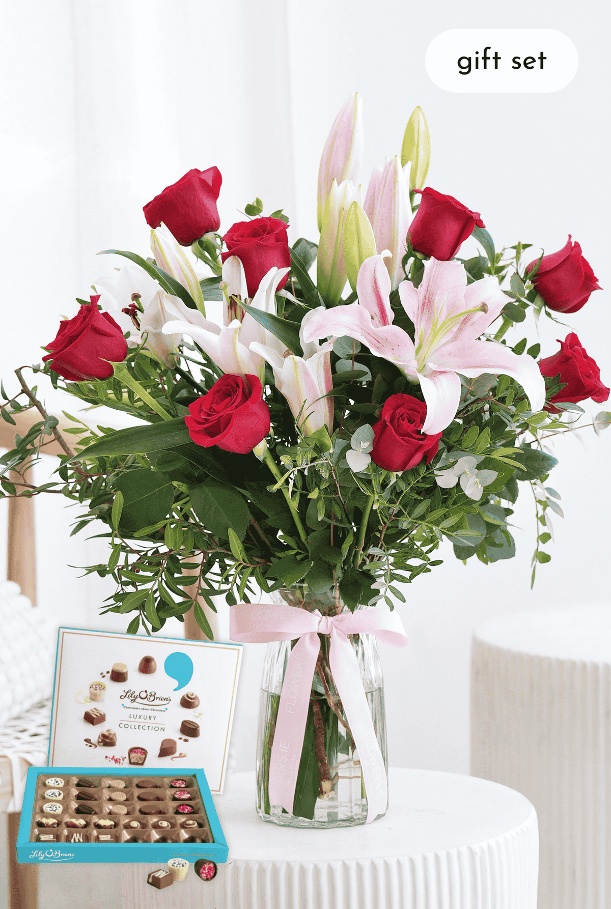 Women's Day Red Roses and Pink Lily - Vase