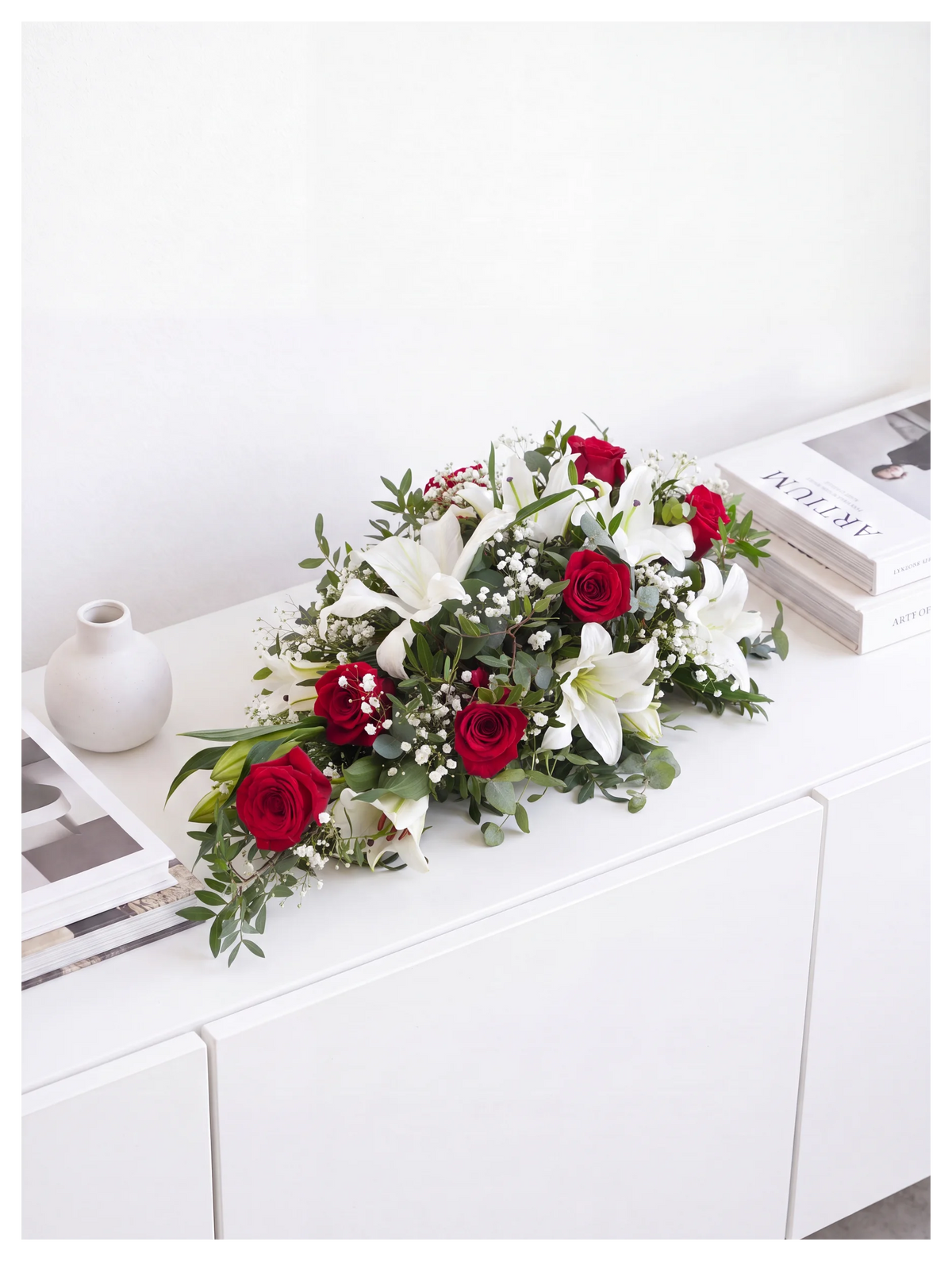 Red Roses and White Lily Funeral Spray