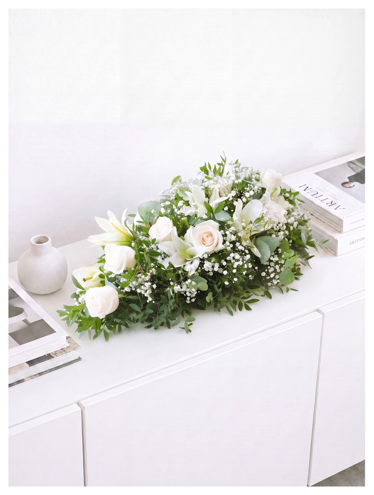 White Roses and White Lily Funeral Spray