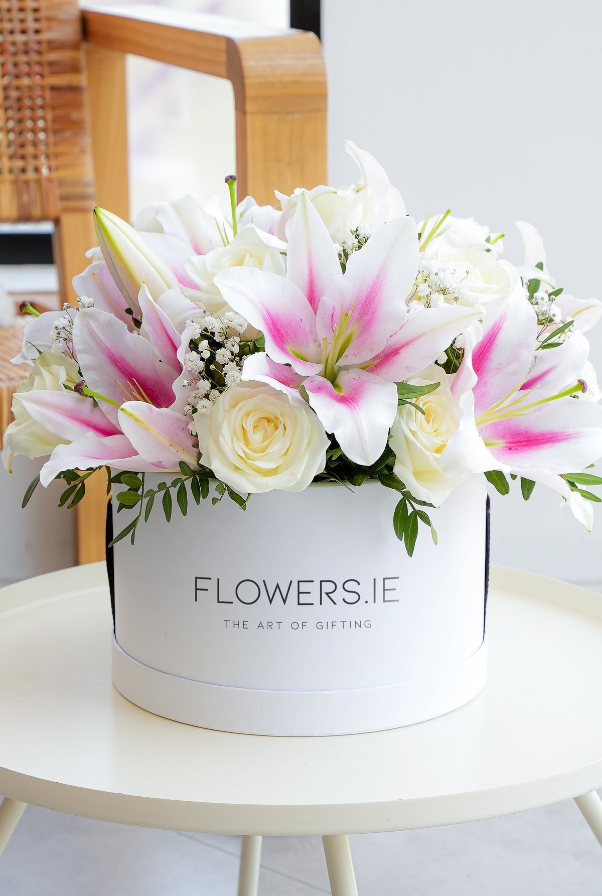 Sympathy White Roses and Pink Lily Hatbox