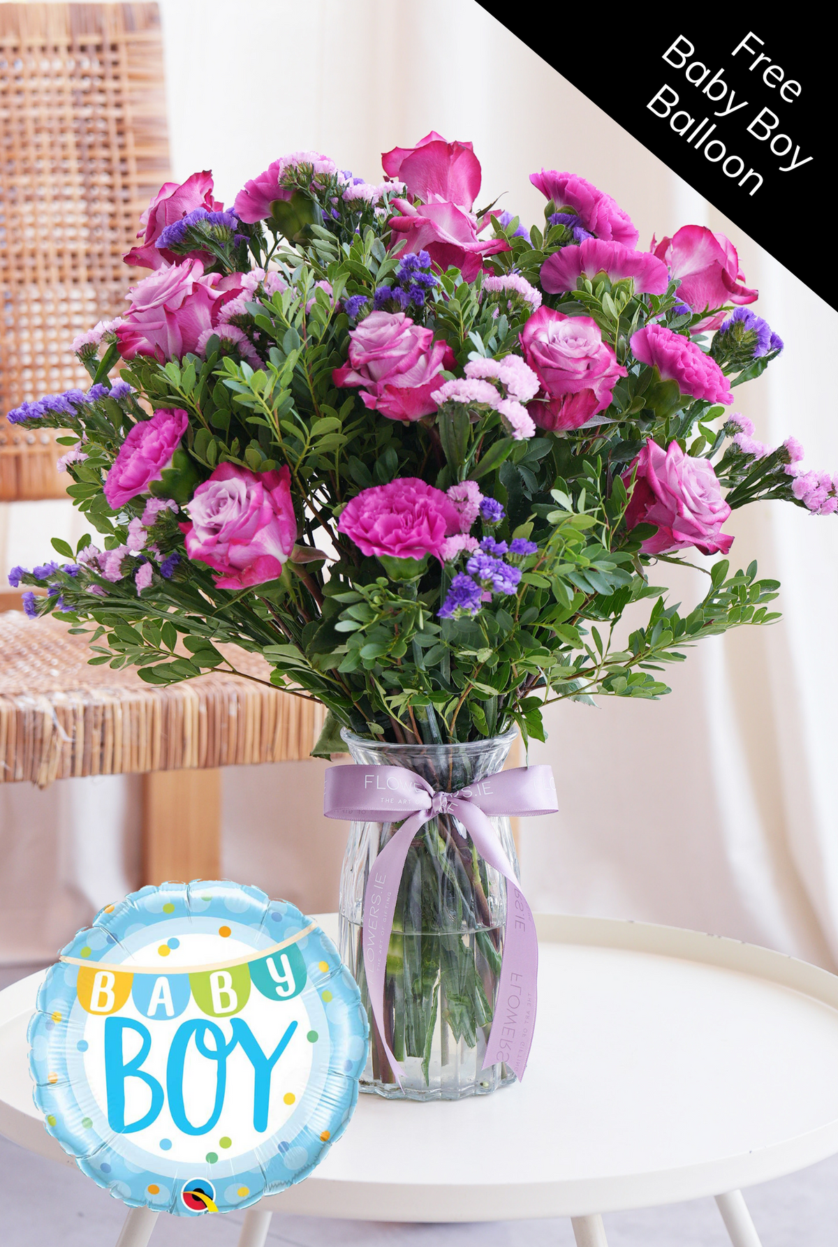 Baby Boy Lavender Floral - Vase (Free Baby Boy Balloon)