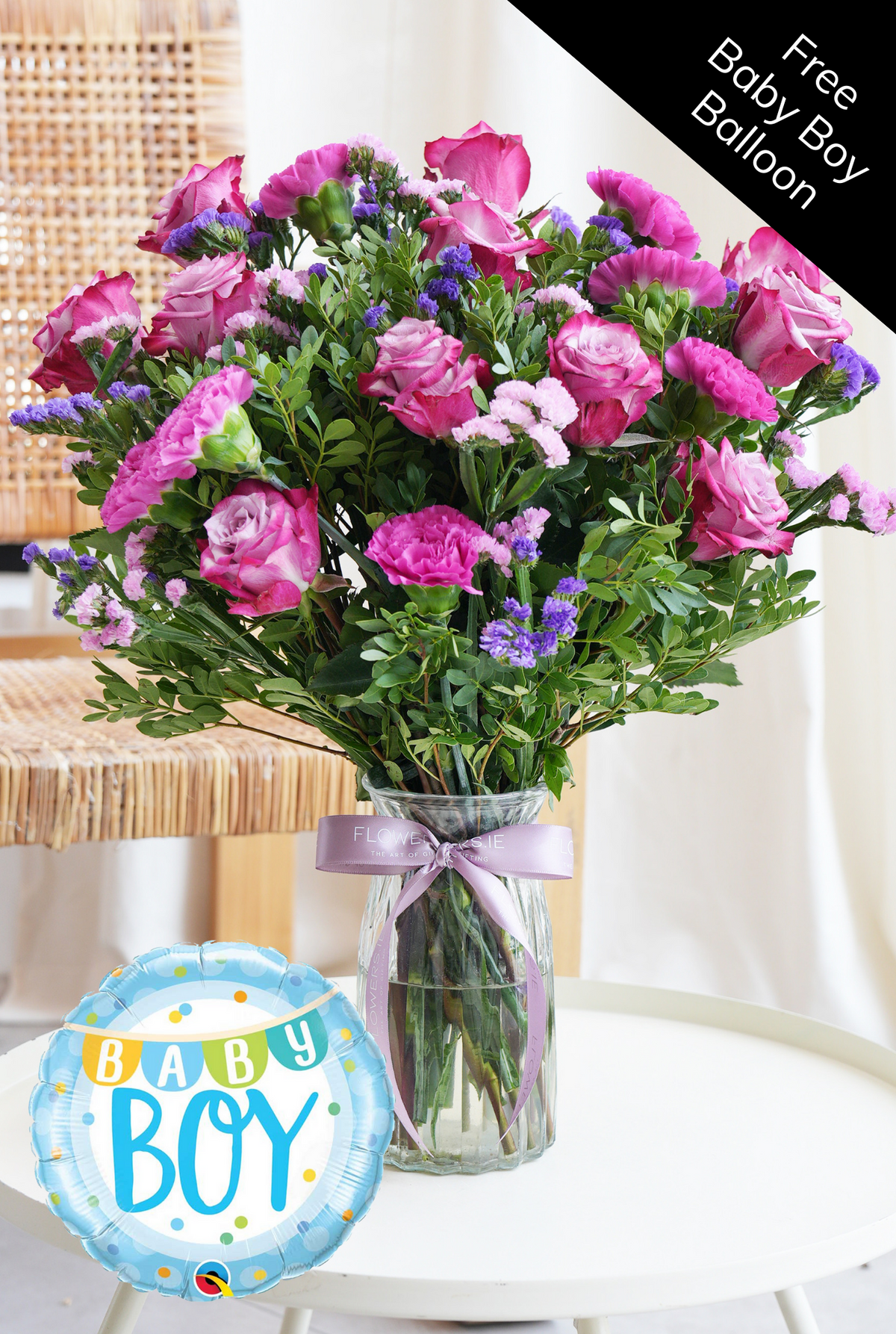 Baby Boy Lavender Floral - Vase (Free Baby Boy Balloon)