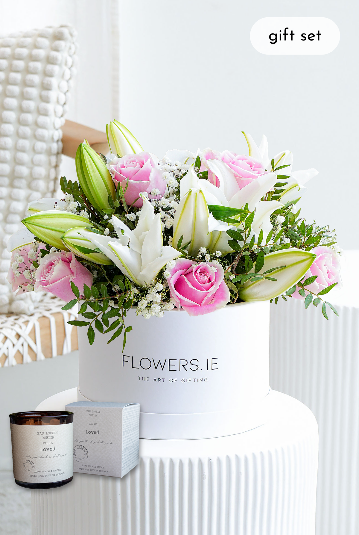 Pink Roses and White Lily - Hatbox