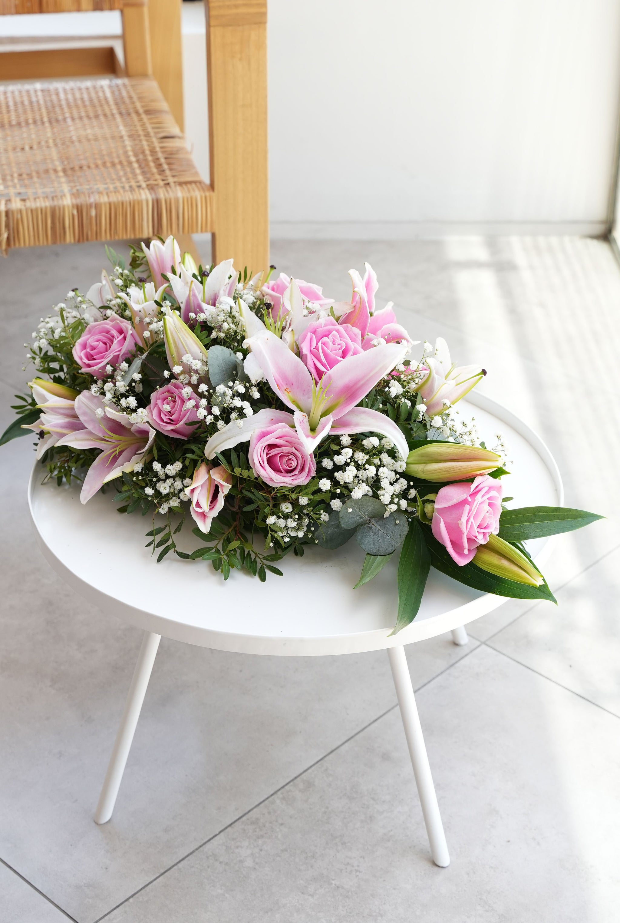 lily funeral flower arrangements Pink Roses and Pink Lily Funeral Spray– Flowers.ie