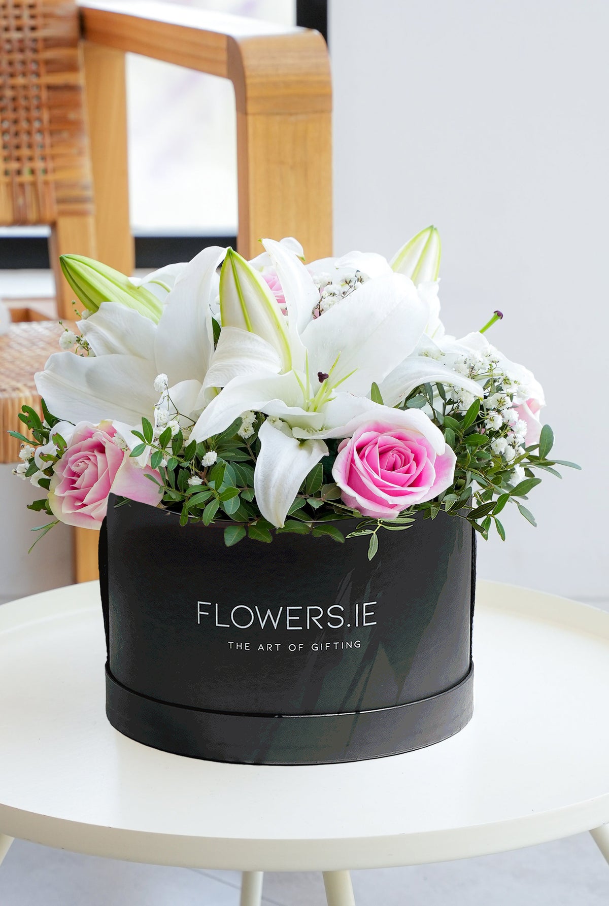 Pink Roses and White Lily - Hatbox