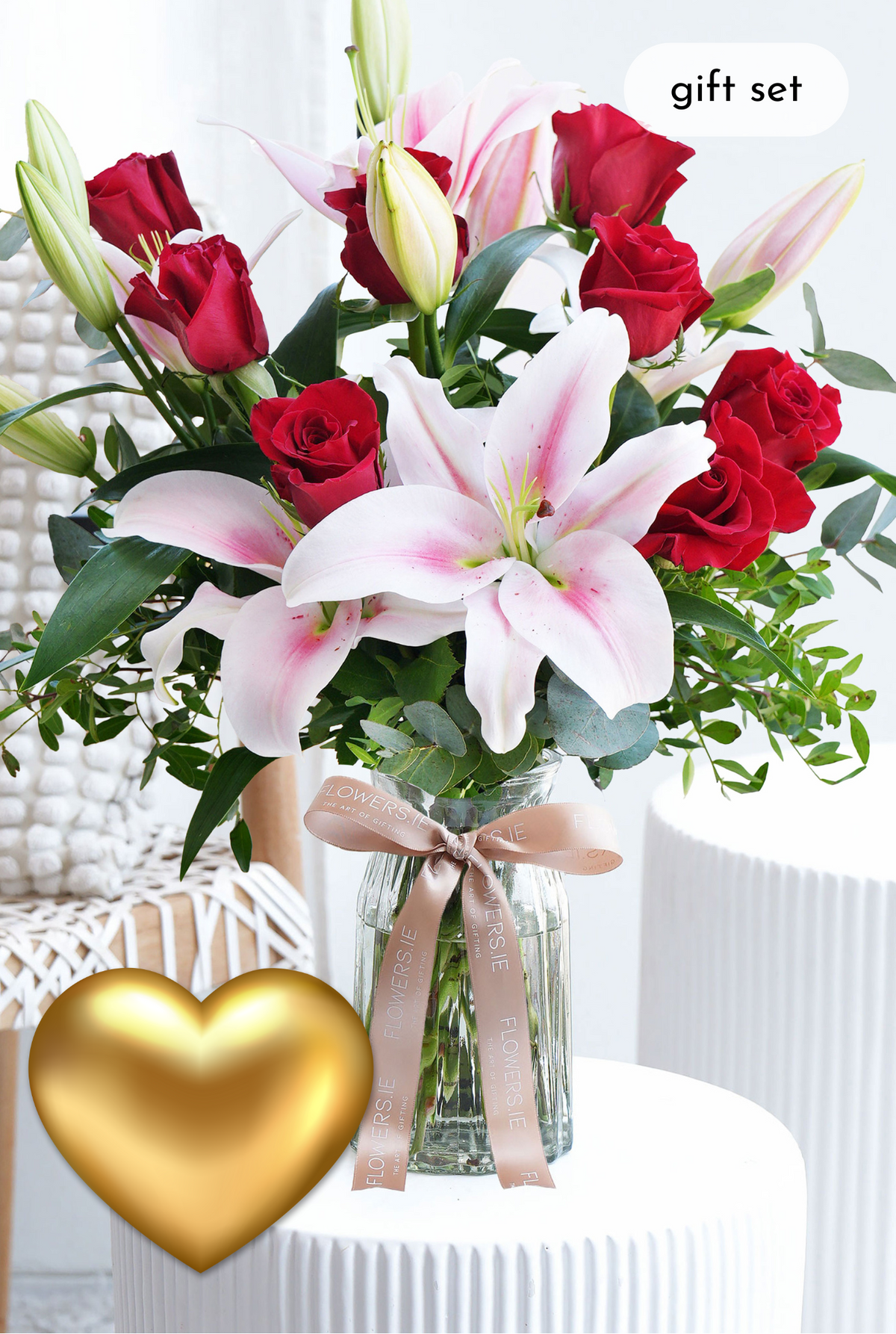 Red Roses and Pink Lily - Vase