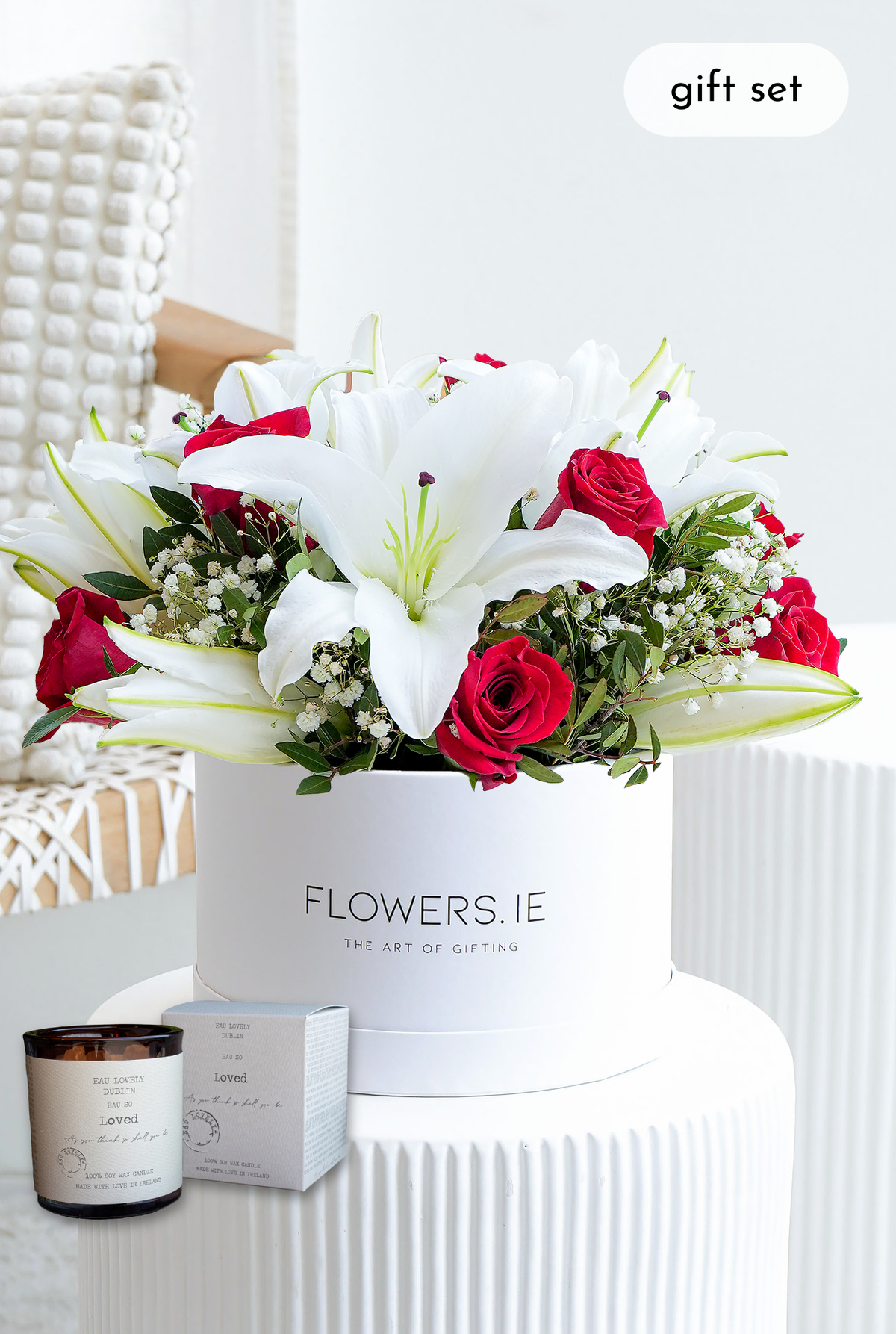 Red Roses and White Lily - Hatbox