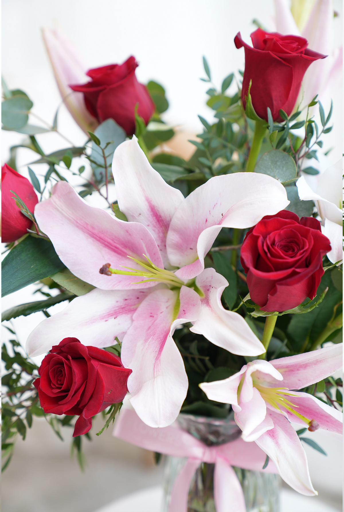 Valentine Romantic Red Roses and Pink Lily - Vase