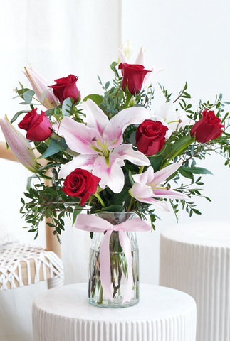 Valentine Romantic Red Roses and Pink Lily - Vase