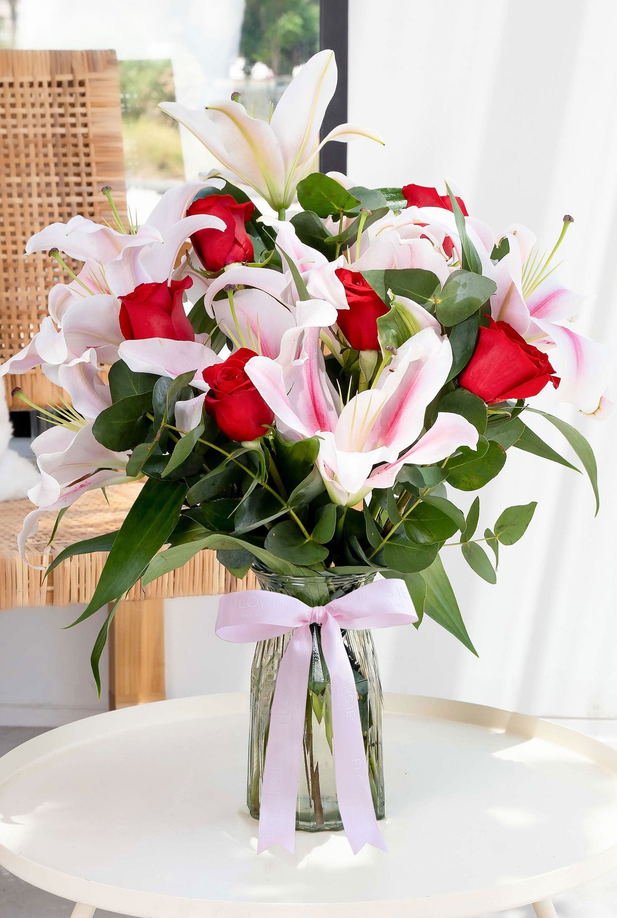 Mother&#39;s Day Red Roses and Pink Lily - Vase