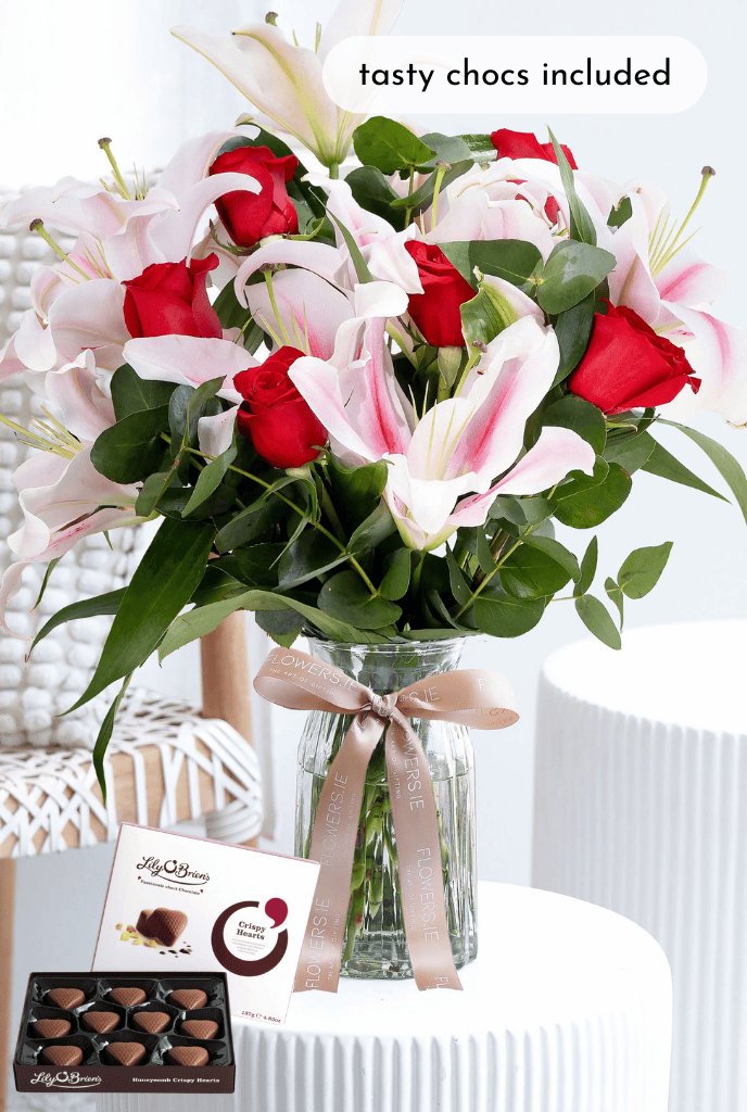 Red Roses and Pink Lily - Vase