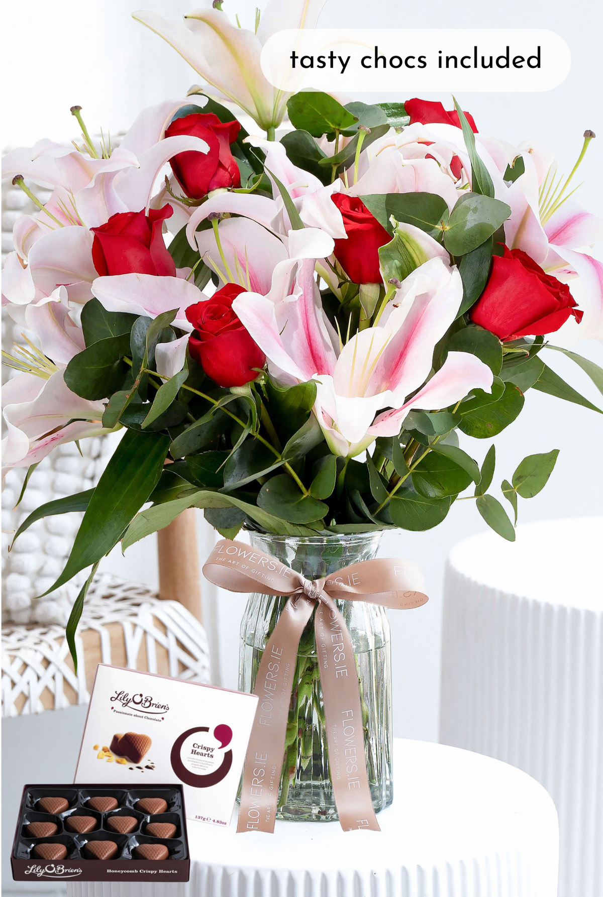 Valentine Romantic Red Roses and Pink Lily - Vase