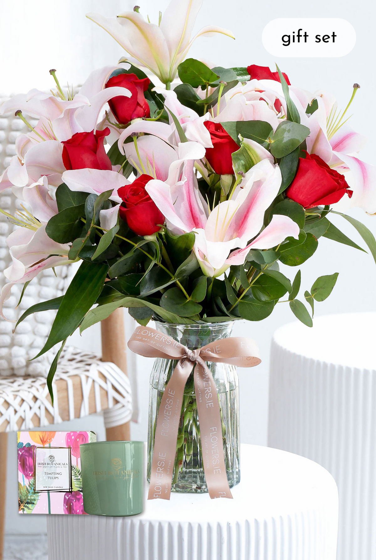 Birthday Red Roses and Pink Lily - Vase