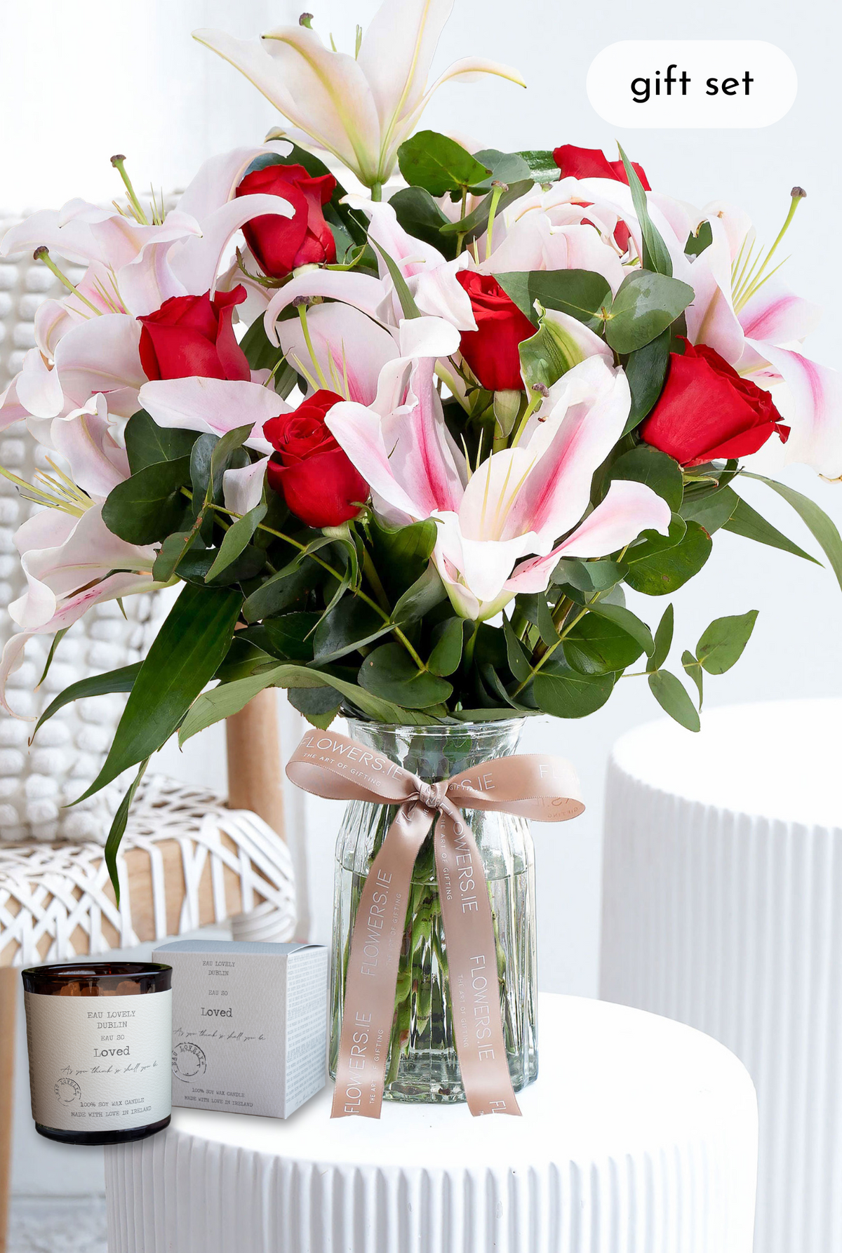 Birthday Red Roses and Pink Lily - Vase