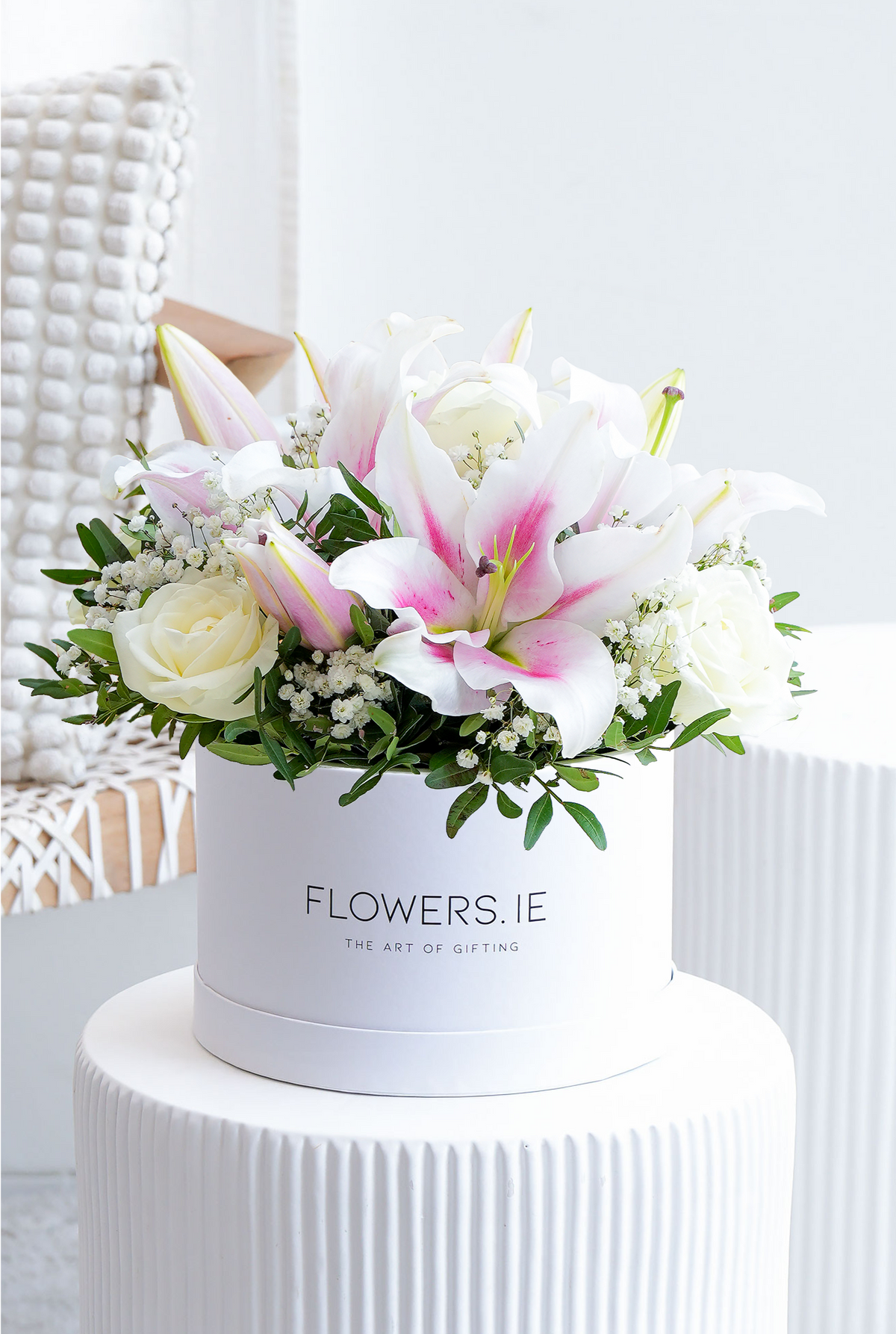 Sympathy White Roses and Pink Lily Hatbox