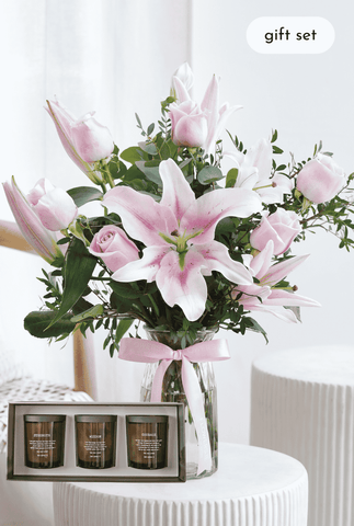 Valentine Romantic Pink Roses and Pink Lily - Vase