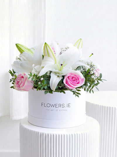 Pink Roses and White Lily - Hatbox