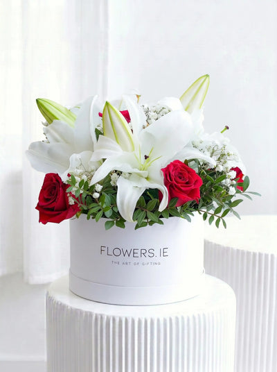 Red Roses and White Lily - Hatbox