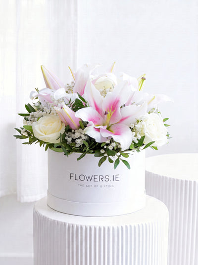 Sympathy White Roses and Pink Lily Hatbox