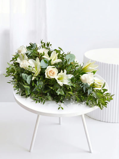 White Roses and White Lily Funeral Spray