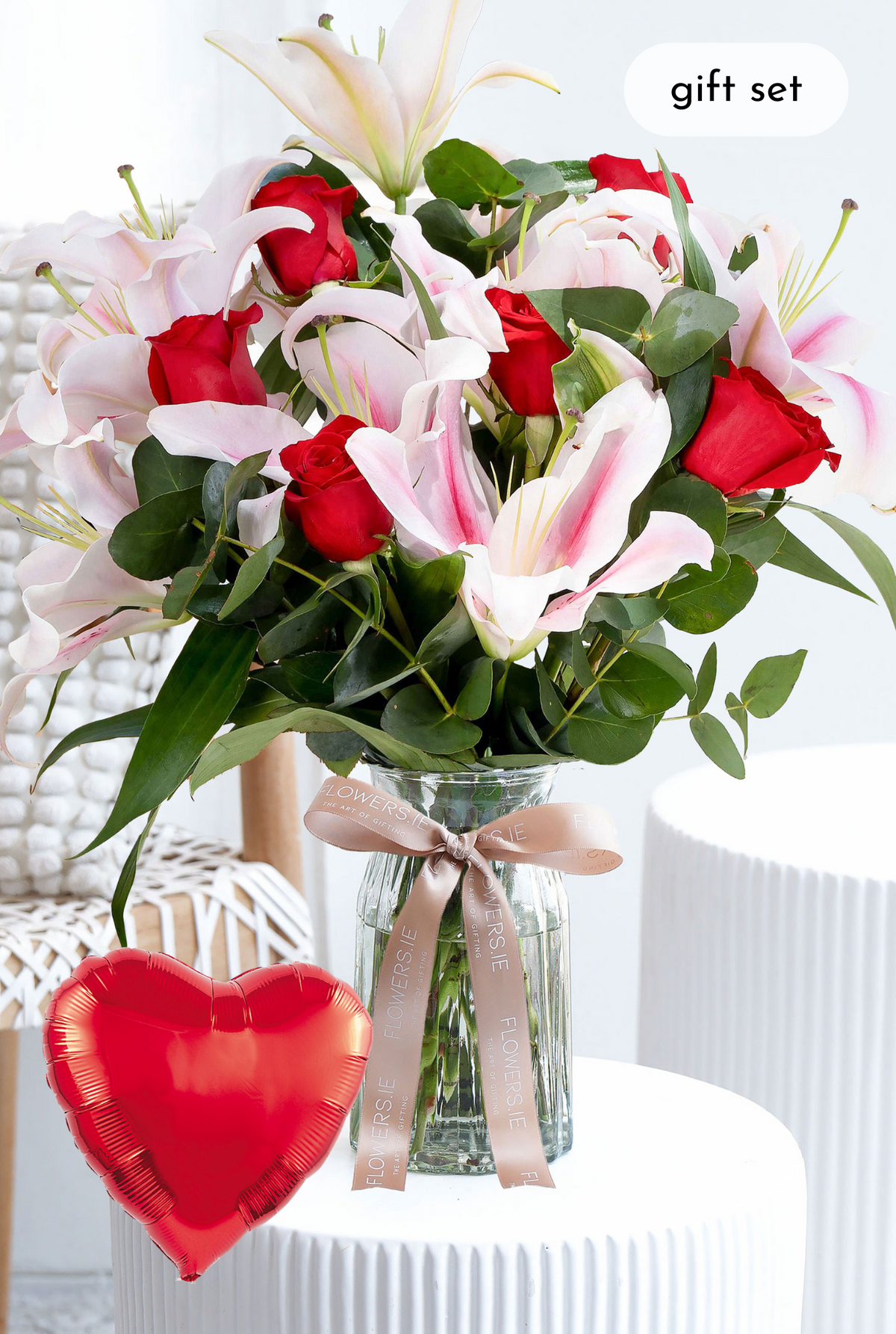 Valentine Romantic Red Roses and Pink Lily - Vase