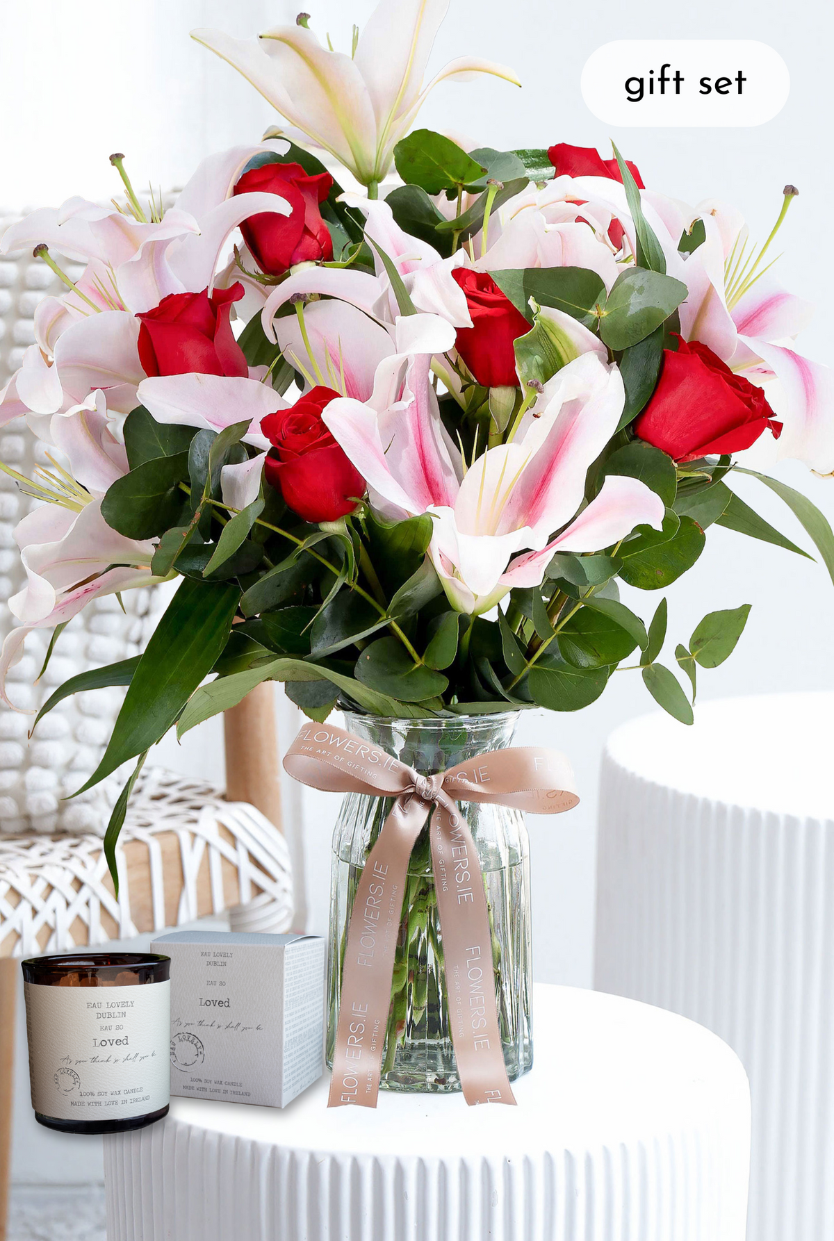 Valentine Romantic Red Roses and Pink Lily - Vase