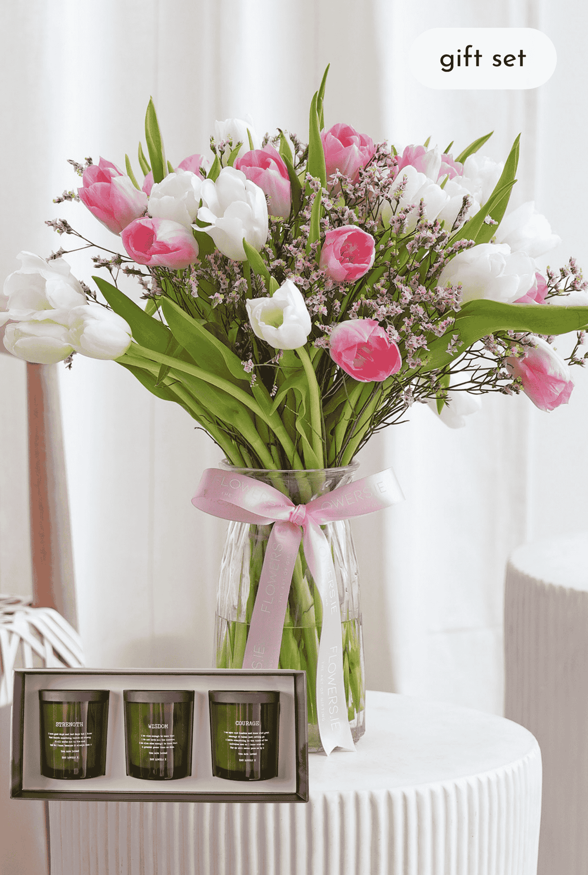 Luxury Pink and White Tulips - Vase with Candle