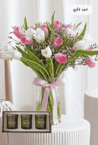 Luxury Pink and White Tulips - Vase with Candle