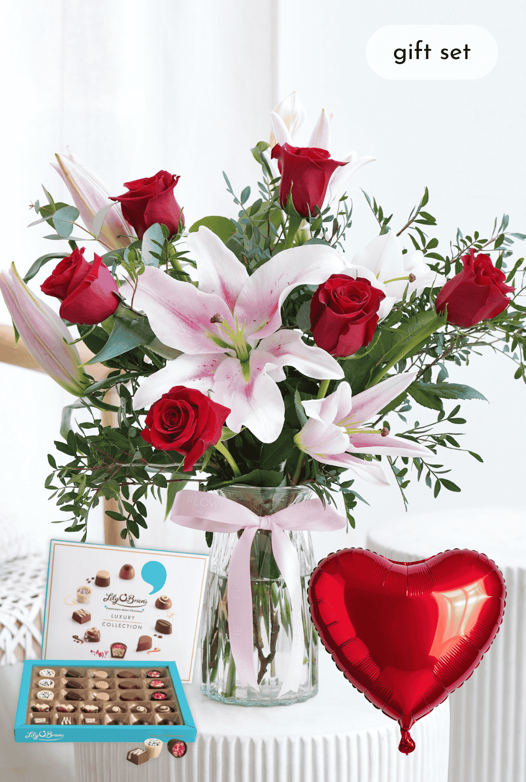 Valentine Romantic Red Roses and Pink Lily - Vase