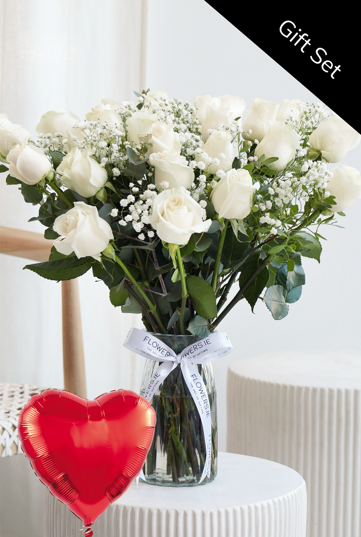 Valentine 24 Elegant White Roses - Vase with Heart Balloon