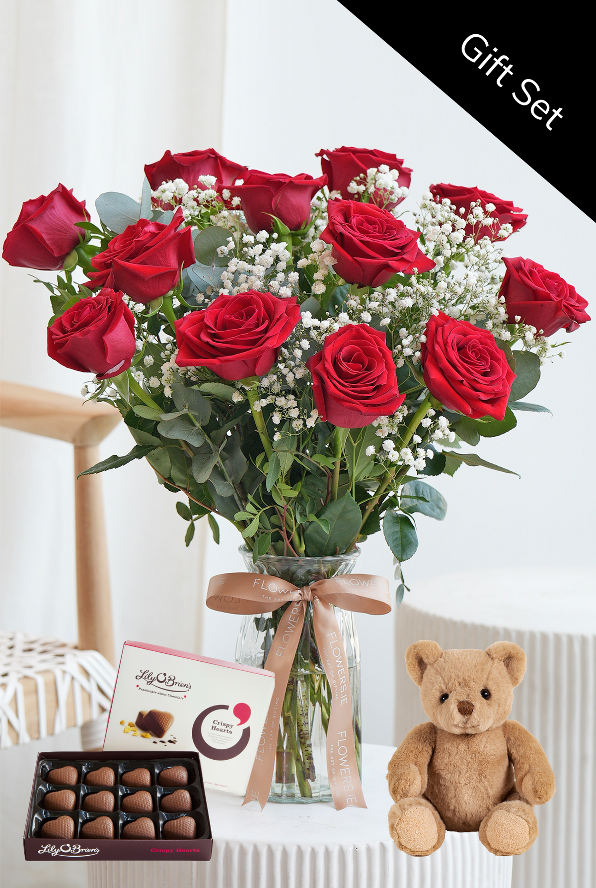 Valentine 12 Luxury Red Roses - Vase with Chocolates and Teddy