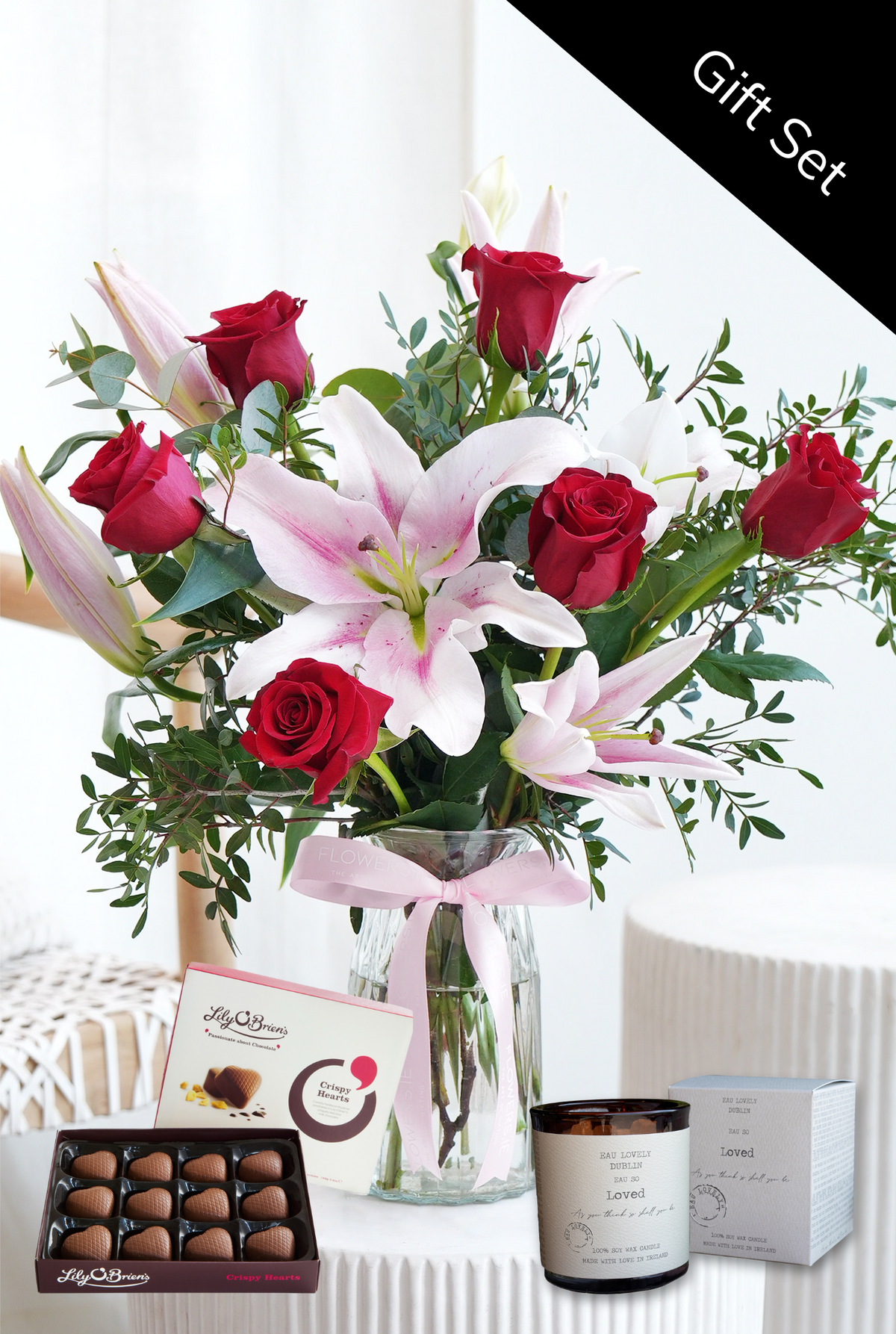 Valentine Romantic Red Roses and Pink Lily - Vase Gift Set