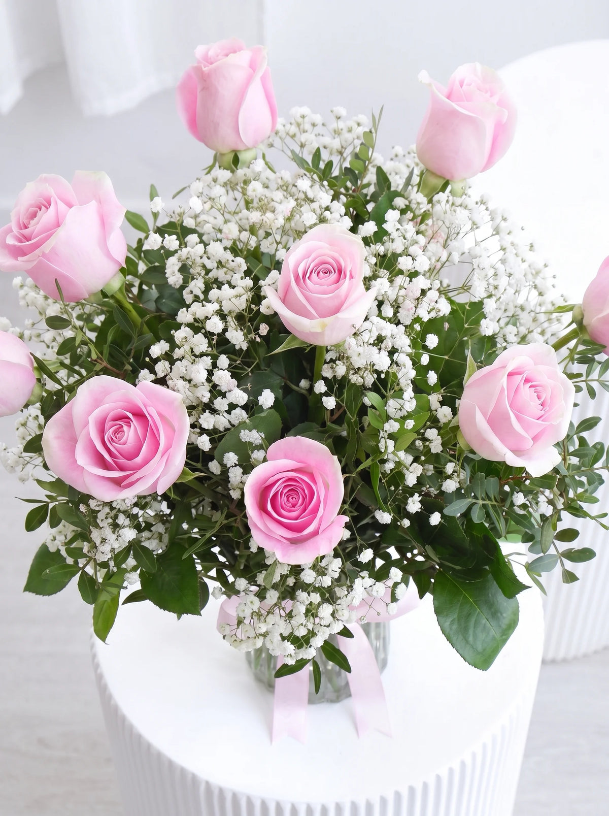 New Baby Girl 12 Long Stem Pink Roses - Vase