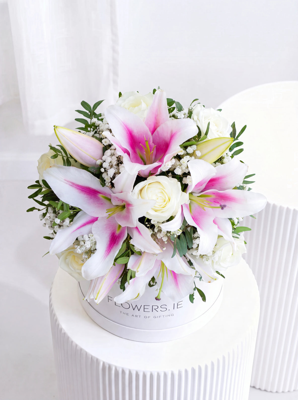 Sympathy White Roses and Pink Lily Hatbox