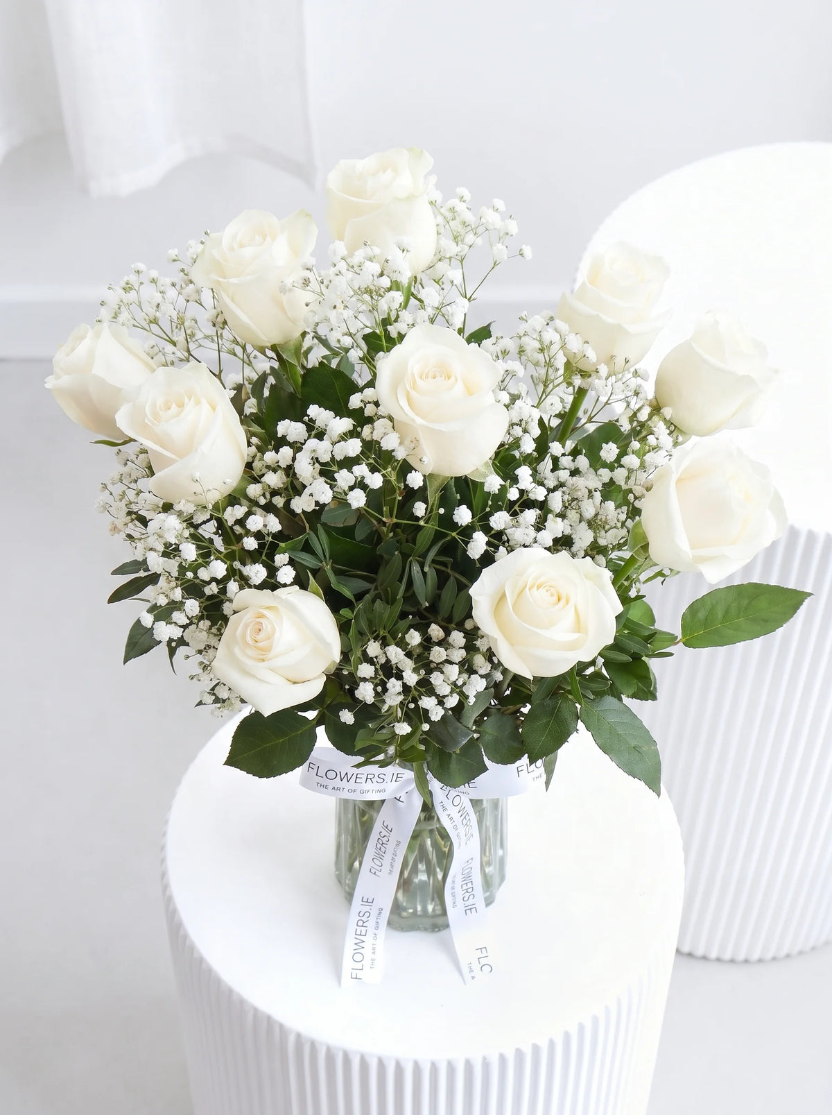 New Baby Girl 12 Long Stem White Roses - Vase