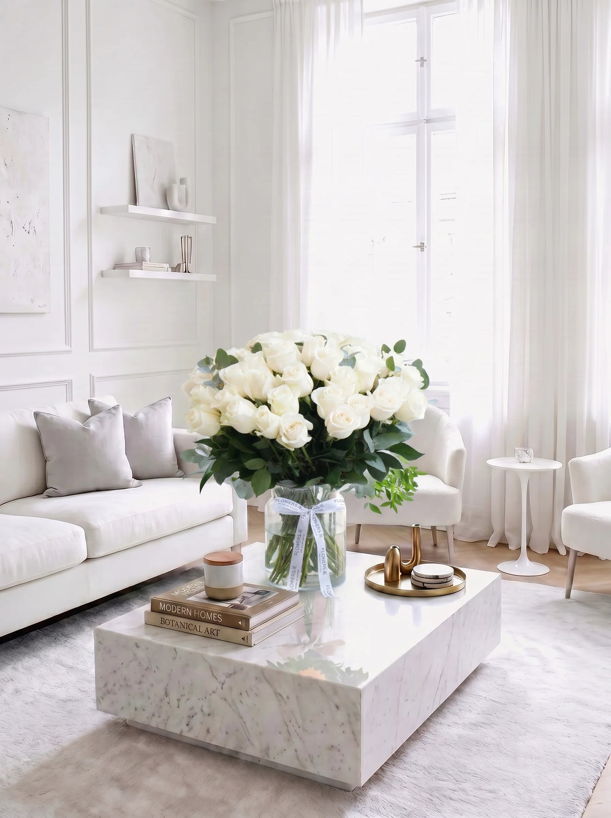 50 Long Stem White Roses - Vase
